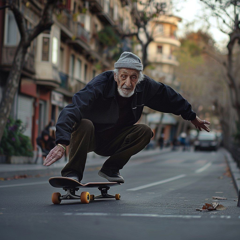 Reference photo for Days of Splendor: an older man in a purple jacket skateboarding down a city street