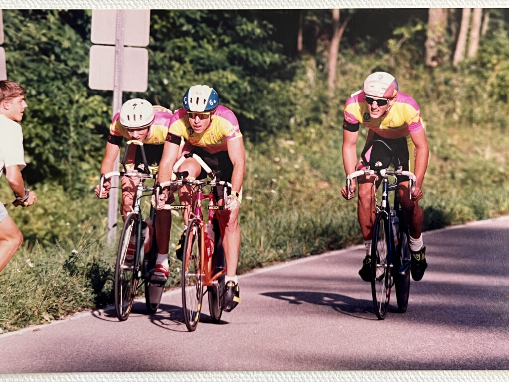 Reference photo for Time on Trial: three cyclists riding in a line during a team time trial around 1989
